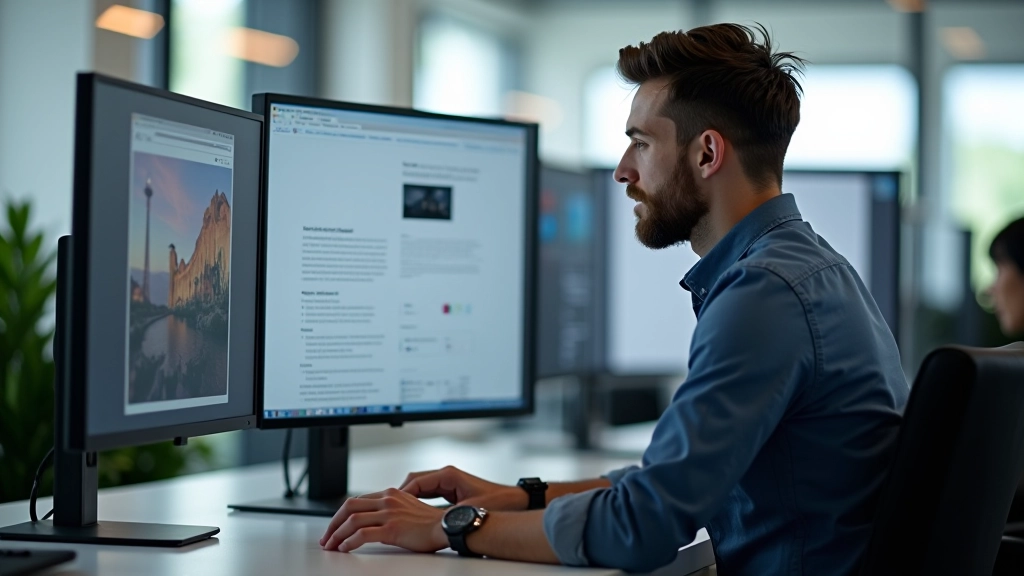 Designer betrachtet Split-Screen-Layout auf großem Monitor, moderne Büroumgebung mit mehreren Bildschirmen