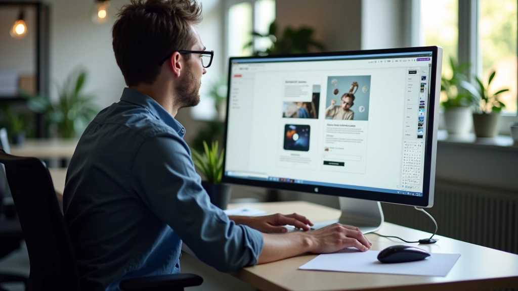 Designer arbeitet an Split-Screen-Layout mit zwei Monitor-Hälften, zeigt Kompositionskonzepte und visuelle Spannung zwischen den Seiten