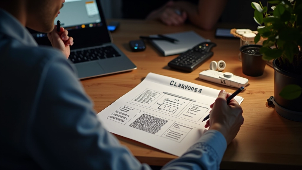 Designer arbeitet an Laptop und skizziert Split-Screen-Layout-Konzepte auf Papier neben dem Monitor