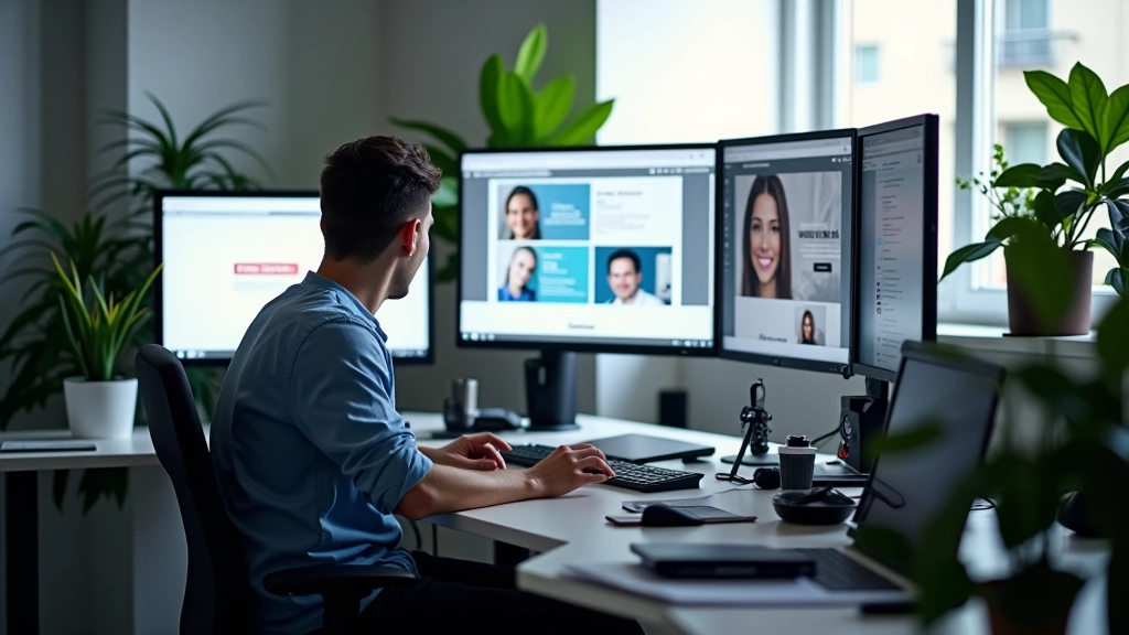 Moderne Web-Designer-Workstation mit mehreren Monitoren, zeigt Split-Screen-Layouts und Designkonzepte auf Bildschirmen