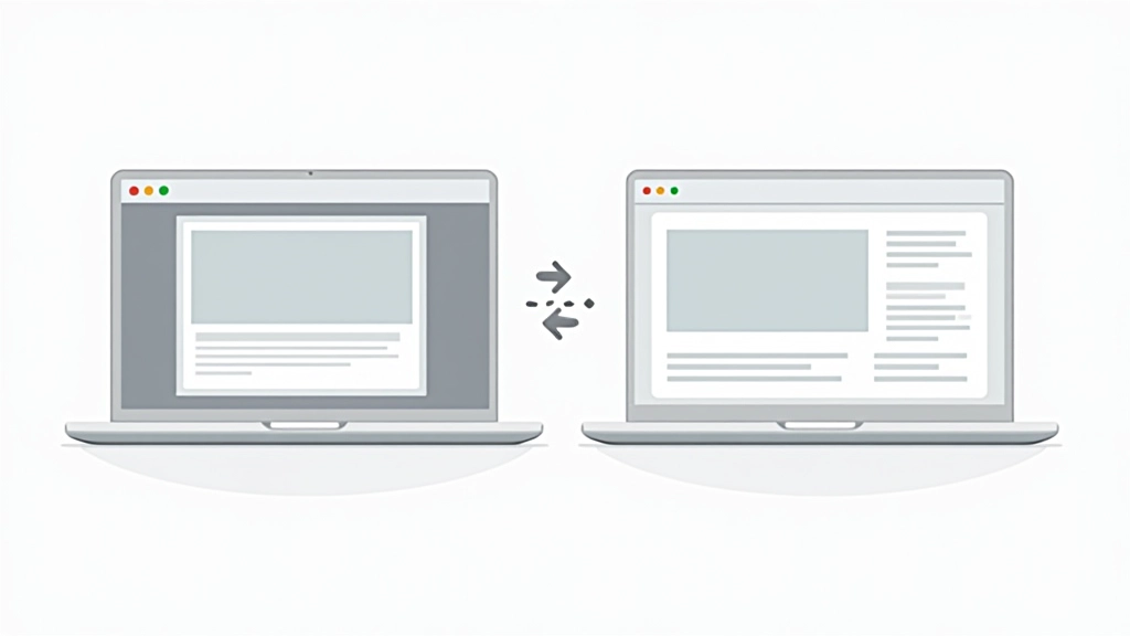 Schritt-für-Schritt-Visualisierung eines Split-Screen-Layouts auf Desktop und Mobile, mit Pfeilen und Beschriftungen